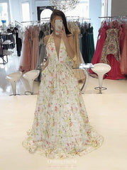 Flowy A-Line Floral Plunging Neckline Long Prom Dress