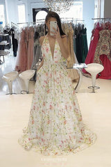Flowy A-Line Floral Plunging Neckline Long Prom Dress