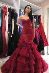 Burgundy Sweetheart Mermaid Layered Prom Dress
