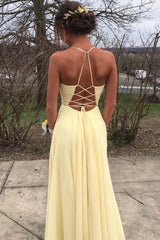 Daffodil Spaghetti Strap Chiffon Prom Dress with Slit and Embroidery