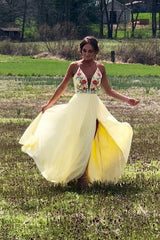 Daffodil Spaghetti Strap Chiffon Prom Dress with Slit and Embroidery