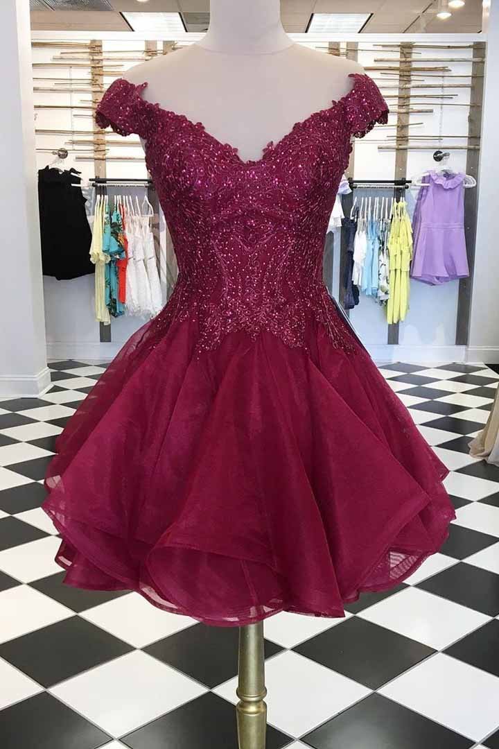 Cap Sleeves V-Neck Beads Short Prom Dress, Burgundy Homecoming Dress