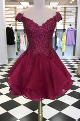Cap Sleeves V-Neck Beads Short Prom Dress, Burgundy Homecoming Dress