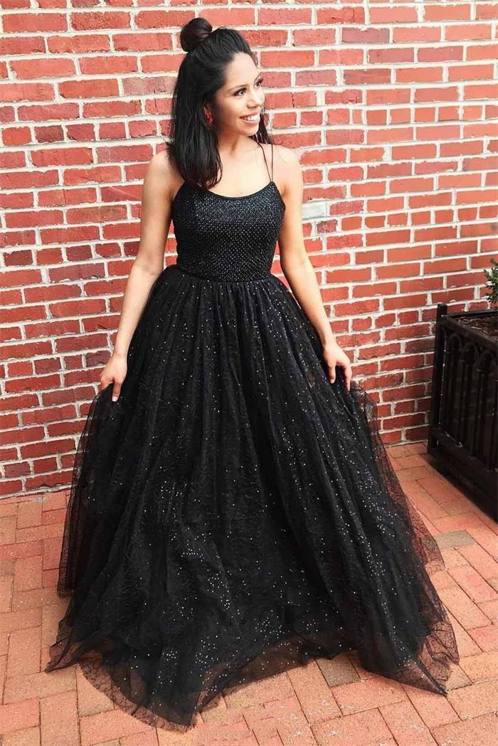 Black Sequin Scoop Neck Tulle Backless Prom Dress