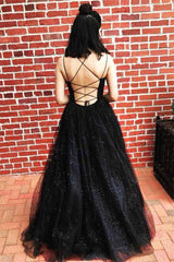 Black Sequin Scoop Neck Tulle Backless Prom Dress
