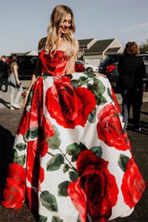 Elegant Strapless Formal Gown Rose Floral Print Long Prom Dresses