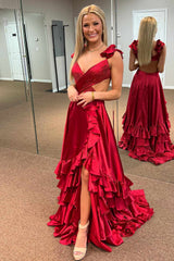 Criss-Cross Top Ruffled Straps Red Pleated Layered Long Prom Dress