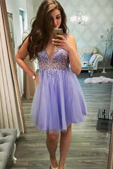 Charming Beaded Lilac Tulle Short Homecoming Dress