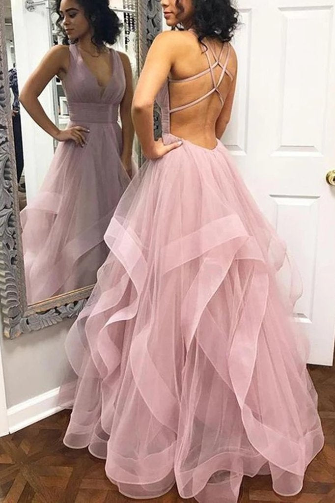 A-Line V-Neck Dusty Pink Backless Long Prom Dress with Ruffles