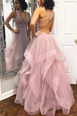 A-Line V-Neck Dusty Pink Backless Long Prom Dress with Ruffles