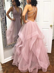 A-Line V-Neck Dusty Pink Backless Long Prom Dress with Ruffles