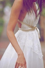 A-Line V-Neck Beach Wedding Dresses, Backless Bridal Dress with Pearls