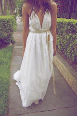 A-Line V-Neck Beach Wedding Dresses, Backless Bridal Dress with Pearls
