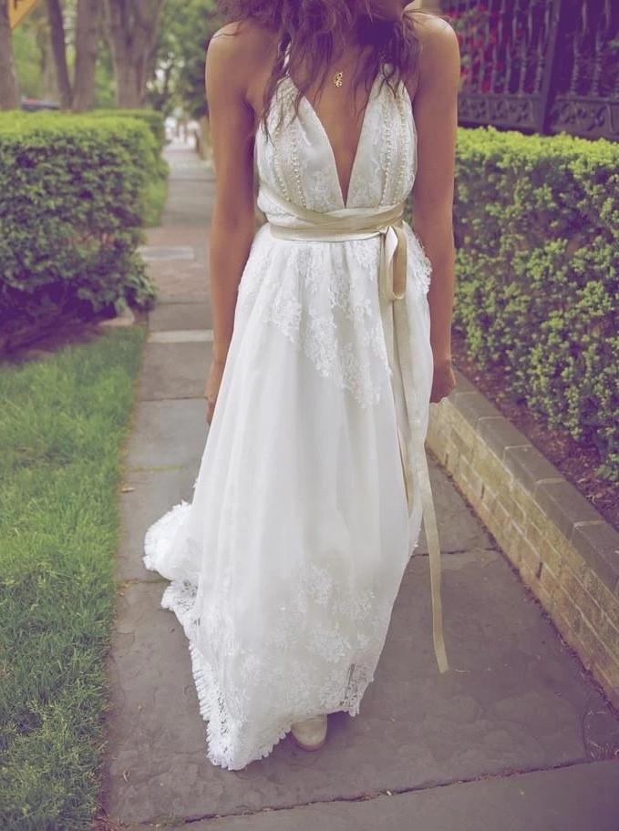 A-Line V-Neck Beach Wedding Dresses, Backless Bridal Dress with Pearls