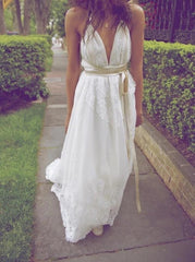 A-Line V-Neck Beach Wedding Dresses, Backless Bridal Dress with Pearls