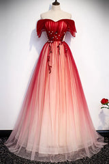 Off-Shoulder Tulle Red Long Prom Dresses, Lace-Up Princess Party Gown