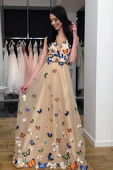 A-Line V-Neck 3D Butterfly Applique Long Formal Prom Dress