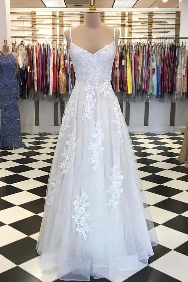 A-Line Tulle Lace Long Prom Dress, Floor Length Evening Dress