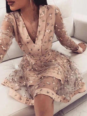 Long Sleeve V-Neck Prom Dresses, Short Homecoming Dress