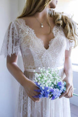 A-Line V-Neck Short Sleeves Backless Lace Beach Wedding Dress
