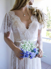 A-Line V-Neck Short Sleeves Backless Lace Beach Wedding Dress