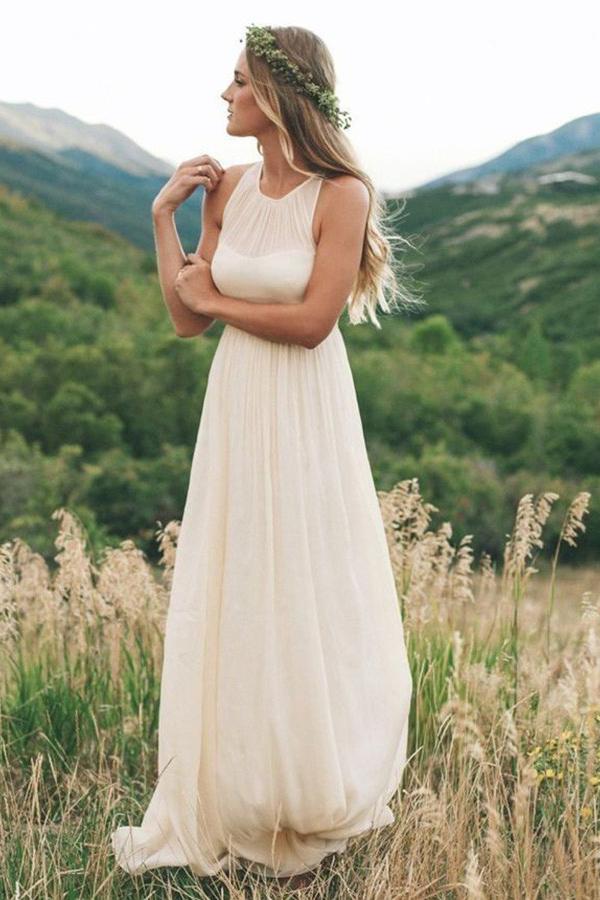 Bohemian A-Line Round Neck Chiffon Beach Wedding Dress