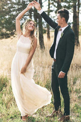 Bohemian A-Line Round Neck Chiffon Beach Wedding Dress