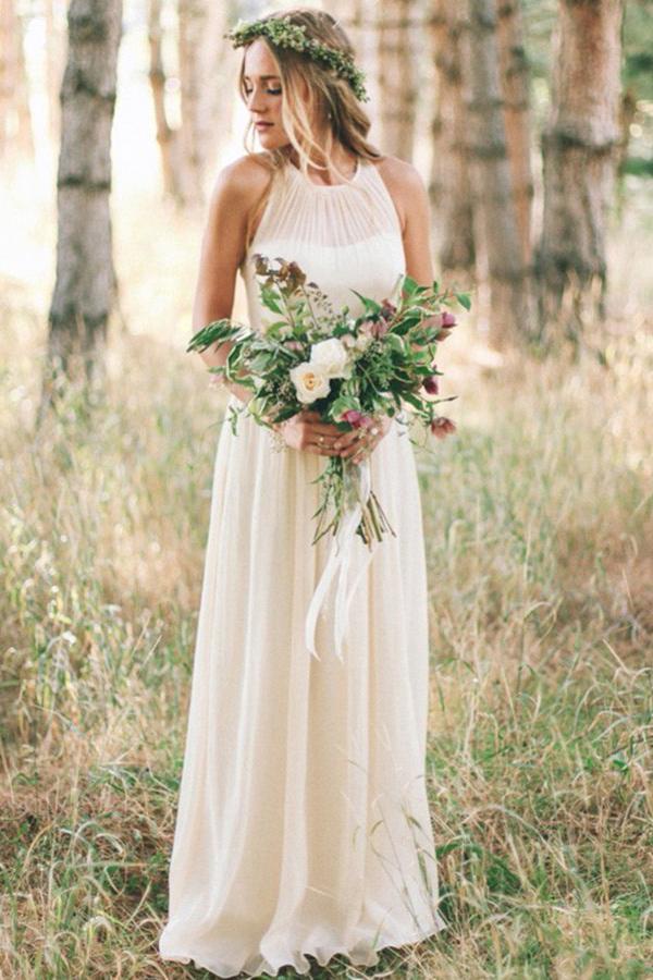 Bohemian A-Line Round Neck Chiffon Beach Wedding Dress
