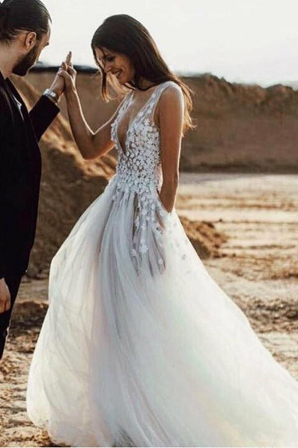 A-Line Plunging Neckline Appliques Tulle Outdoor Wedding Dress with Split
