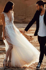 A-Line Plunging Neckline Appliques Tulle Outdoor Wedding Dress with Split