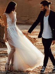 A-Line Plunging Neckline Appliques Tulle Outdoor Wedding Dress with Split