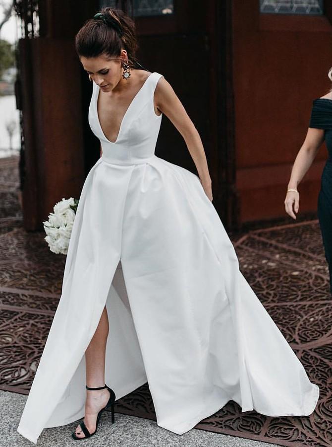 Elegant A-Line V-Neck Satin Simple Wedding Dress with Split