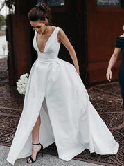 Elegant A-Line V-Neck Satin Simple Wedding Dress with Split