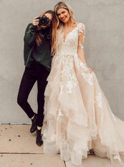 A-Line V-Neck Long Sleeve Romantic Wedding Dress with Appliques