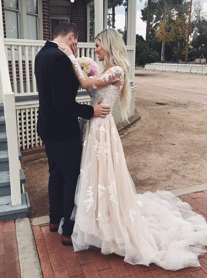 A-Line V-Neck Long Sleeve Romantic Wedding Dress with Appliques