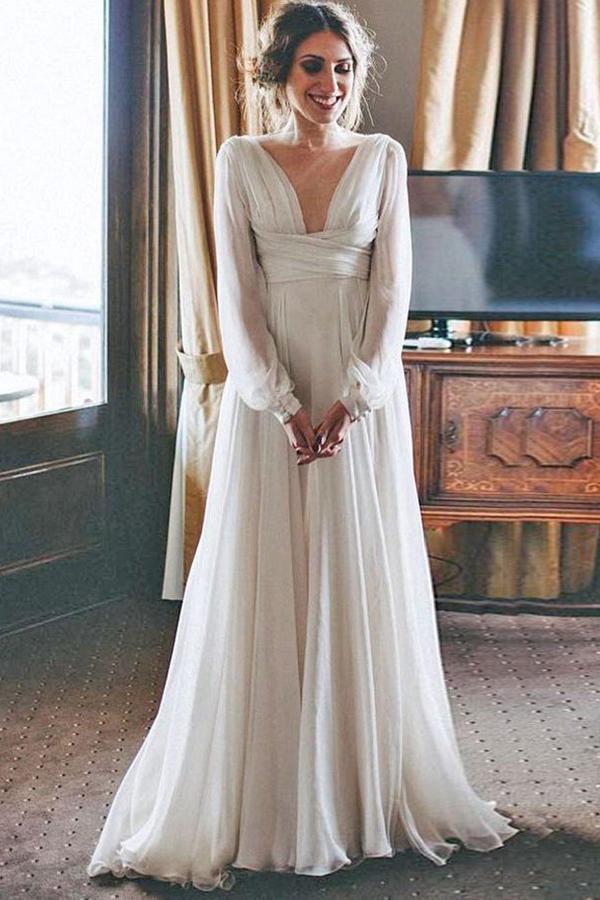 Elegant V-Neck Chiffon Long Sleeve Beach Wedding Dress