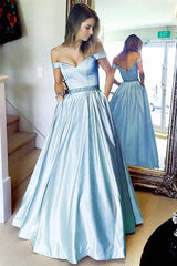 A-Line Off-Shoulder Waist Beaded Satin Long Prom Dress