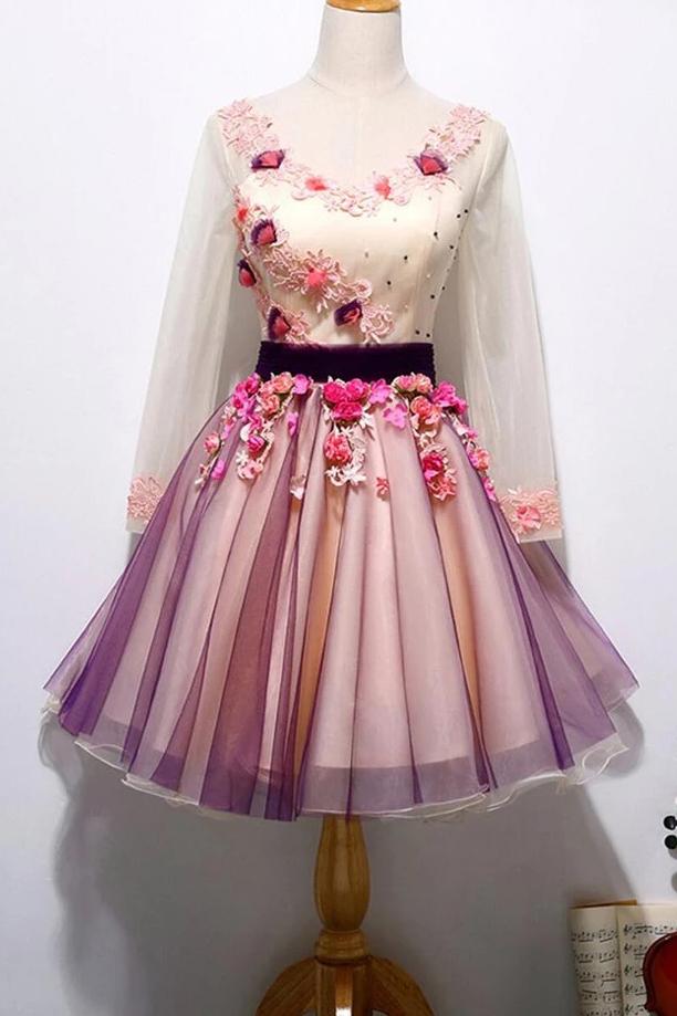 Chic 3D Floral Long Sleeve Tulle Short Prom Homecoming Dress