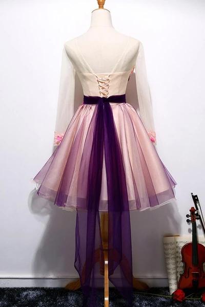Chic 3D Floral Long Sleeve Tulle Short Prom Homecoming Dress