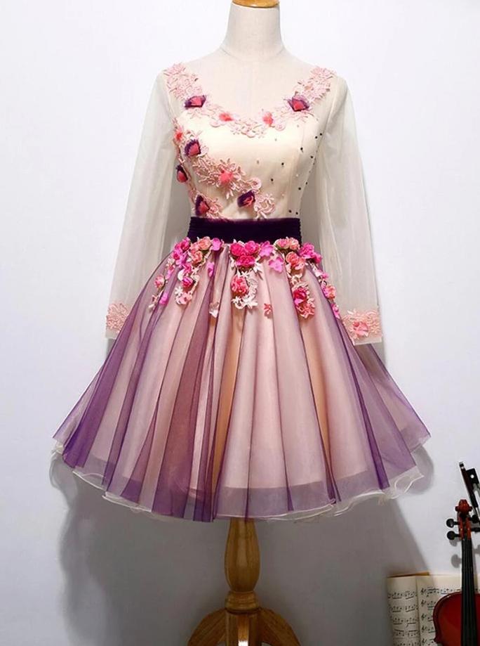 Chic 3D Floral Long Sleeve Tulle Short Prom Homecoming Dress