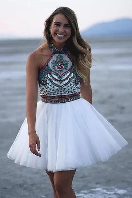 A-Line Halter White Tulle Two-Piece Homecoming Dress with Embroidery
