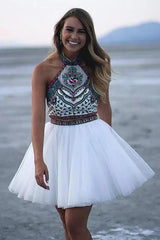 A-Line Halter White Tulle Two-Piece Homecoming Dress with Embroidery