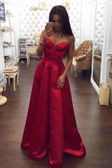 A-Line Spaghetti Strap Sweetheart Red Satin Long Prom Dress with Ruched Bodice