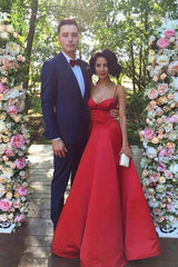 A-Line Spaghetti Strap Sweetheart Red Satin Long Prom Dress with Ruched Bodice