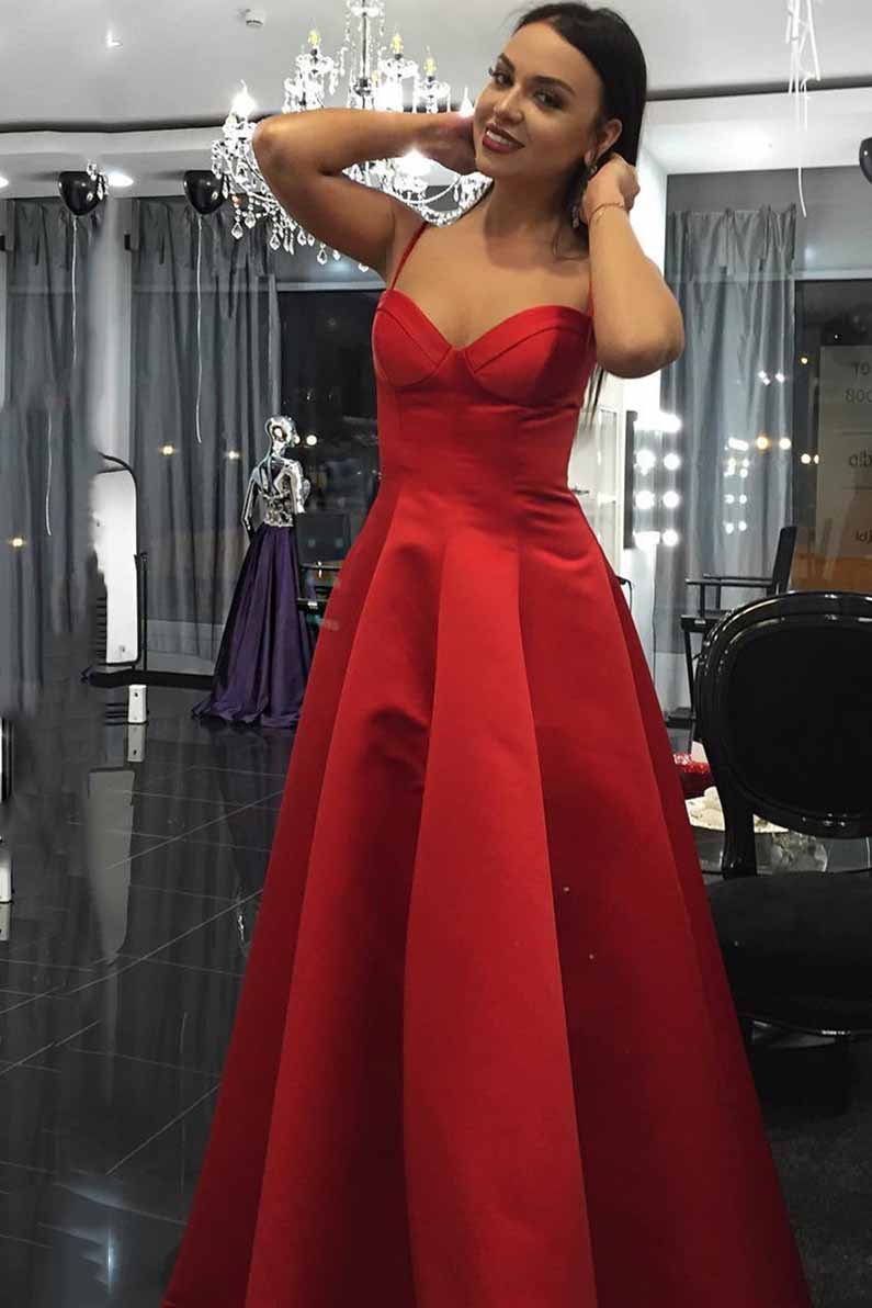 A-Line Spaghetti Strap Sweetheart Red Satin Long Prom Dress with Ruched Bodice