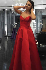 A-Line Spaghetti Strap Sweetheart Red Satin Long Prom Dress with Ruched Bodice