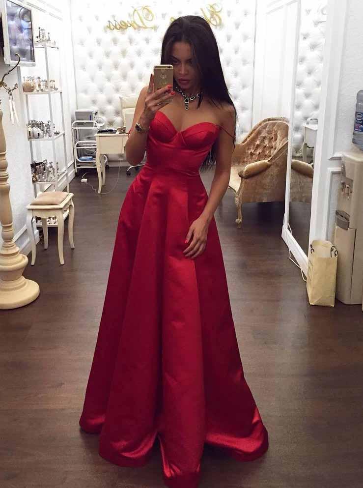 A-Line Spaghetti Strap Sweetheart Red Satin Long Prom Dress with Ruched Bodice
