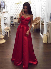 A-Line Spaghetti Strap Sweetheart Red Satin Long Prom Dress with Ruched Bodice