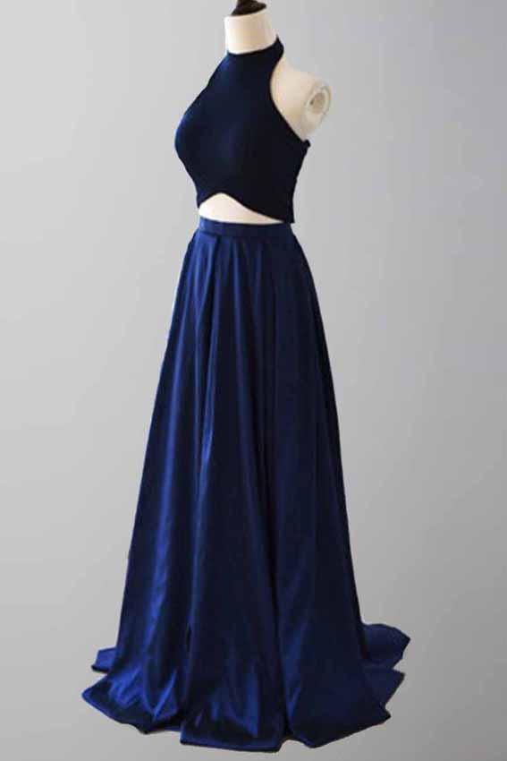 Elegant Two-Piece Halter A-Line Royal Blue Satin Prom Dress