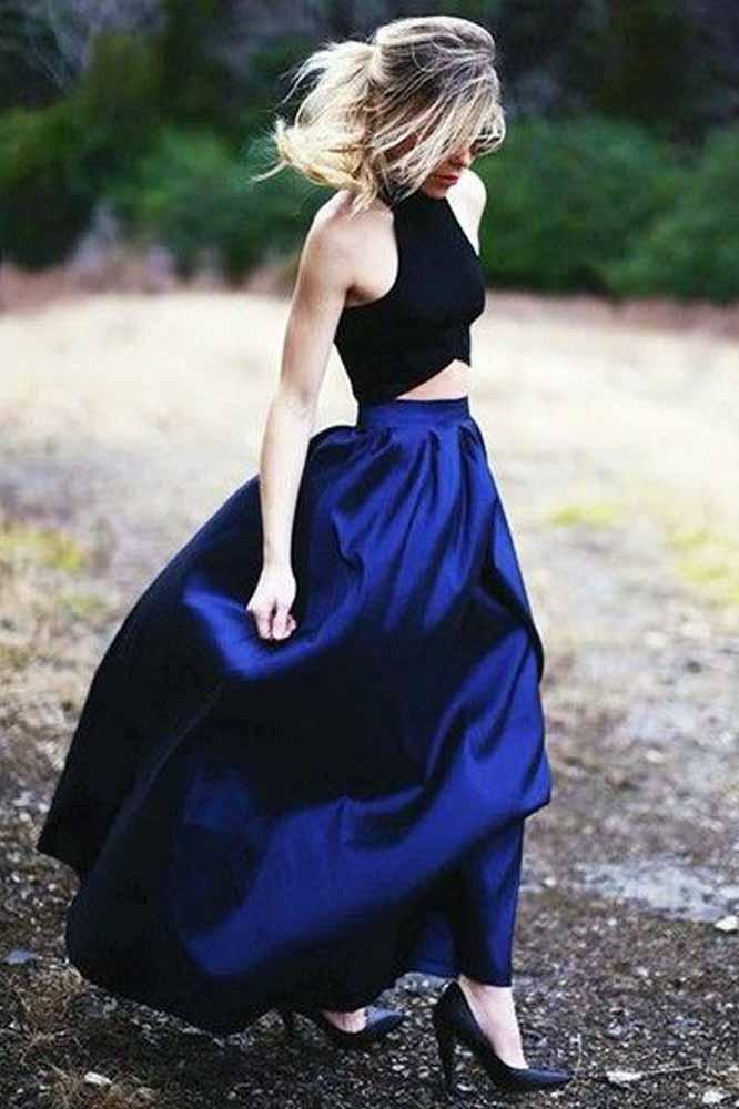 Elegant Two-Piece Halter A-Line Royal Blue Satin Prom Dress